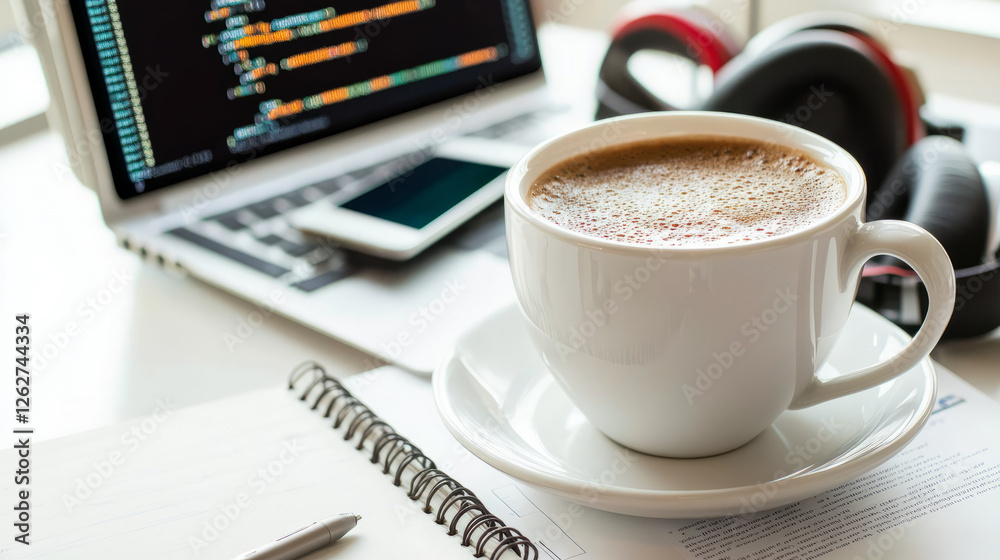Coffee break coding enhancing productivity in a tech workspace modern office lifestyle daytime inspiring focus Coffee break coding enhancing productivity in a tech workspace modern office lifestyle daytime inspiring focus