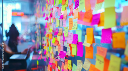 Collaborative brainstorming session office space sticky notes wall creative environment close-up view teamwork inspiration