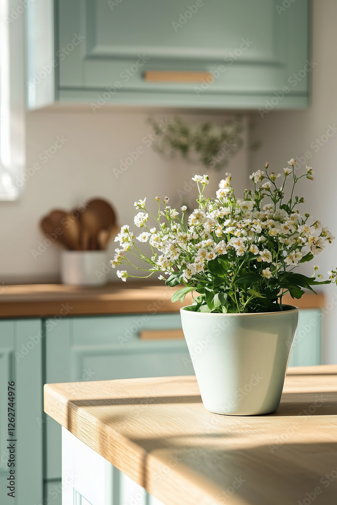 Beautiful flowers in a vase on a table of pastel modern kitchen on sunny day. Beautiful flowers in a vase on a table of pastel modern kitchen on sunny day.
