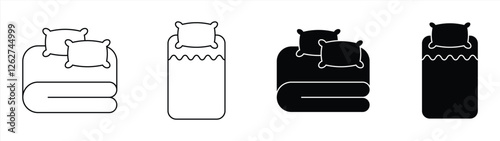 Set of Minimalist Bed Icon with Pillows and Blanket