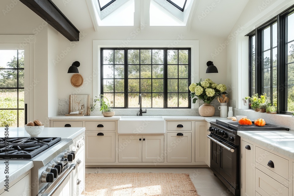 Fototapeta premium Modern kitchen with large windows and farmhouse sink, designed for comfort and functionality, in a bright, airy space surrounded by nature