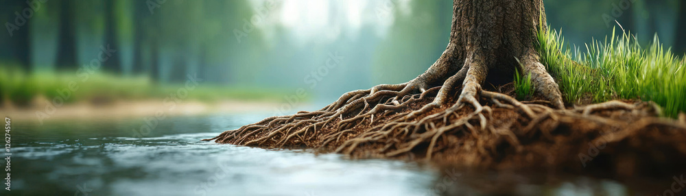 of tree roots by serene river, showcasing nature beauty and tranquility of tree roots by serene river, showcasing nature beauty and tranquility
