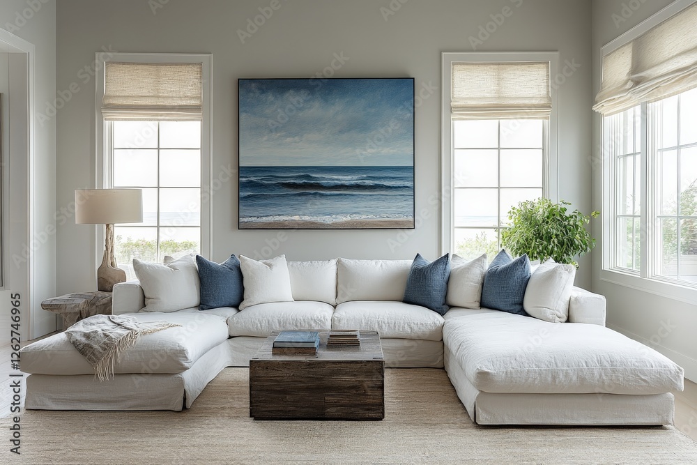 Fototapeta premium Cozy living room with a large sectional sofa and elegant ocean-themed artwork in natural light