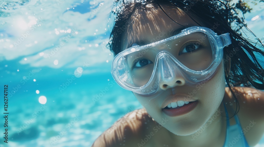 Naklejka premium Maldivian Atoll Snorkeling Photography: Asian Traveler Portrait Immersed in a Vibrant Underwater Tropical Wonderland of Color and Life.