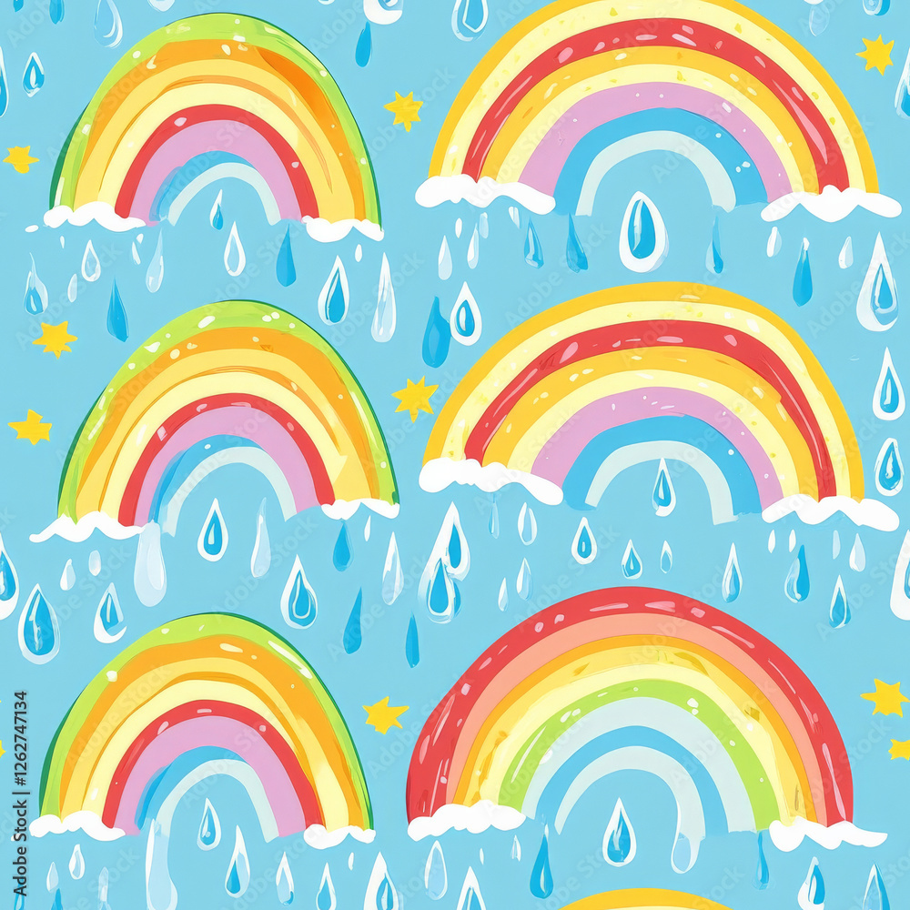 A magical rainbow after the rain pattern with glowing water droplets and cheerful sunshine