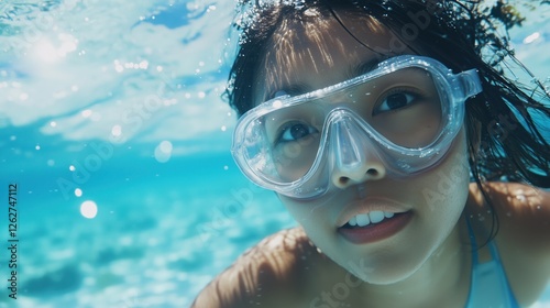 Maldivian Atoll Snorkeling Photography: Asian Traveler Portrait Immersed in a Vibrant Underwater Tropical Wonderland of Color and Life. photo