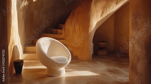 Minimalist Interior Design With Modern Armchair, Natural Earthy Tones, And Architectural Details