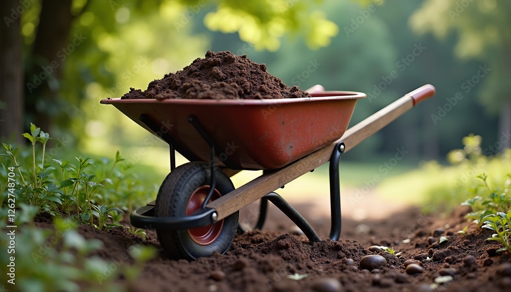 Red Wheelbarrow with Soil in Garden Path with Plants Red Wheelbarrow with Soil in Garden Path with Plants