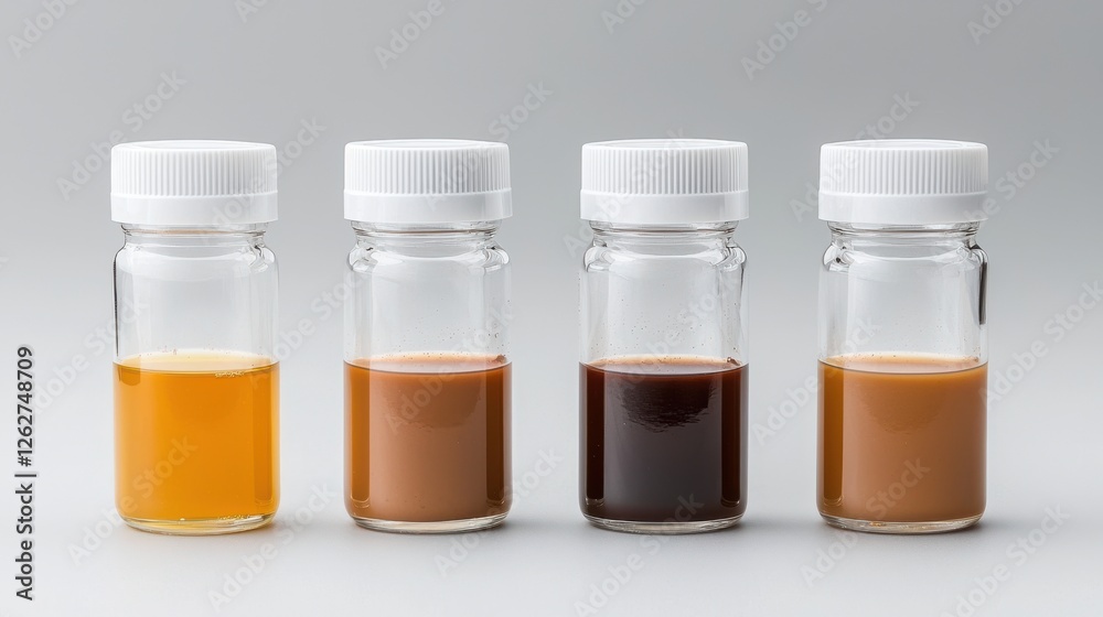 Four Glass Bottles with Brown Liquid Variations Four Glass Bottles with Brown Liquid Variations
