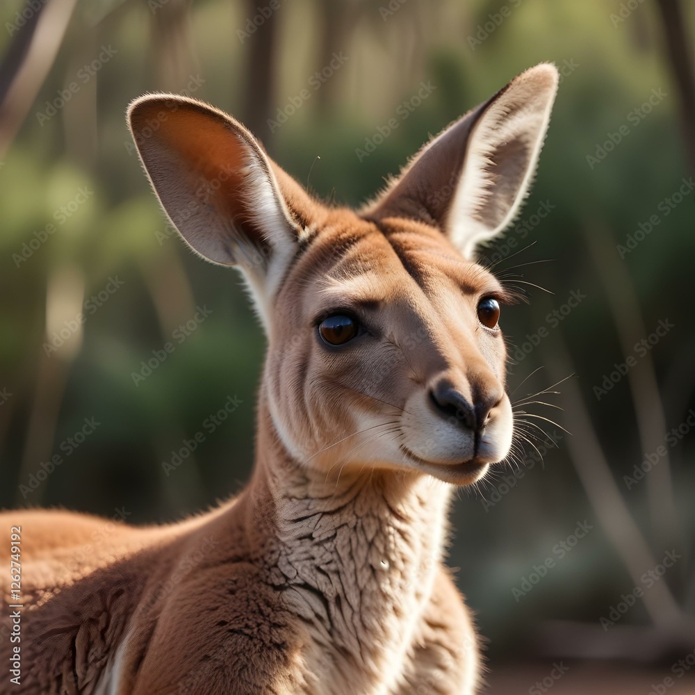 Close up of a female kangaroo with tilted head and alert eyes against outback backdrop Close up of a female kangaroo with tilted head and alert eyes against outback backdrop