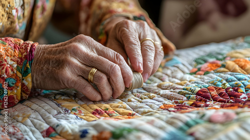 Senior womana??s hands sewing a quilt with thread spool on fabric, detailed embroidery photo