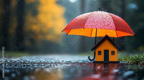 Wallpaper Mural A colorful miniature house sheltered under a bright umbrella illustrates a playful concept of protection and comfort amidst a rainy setting, inviting emotions of warmth and safety. Torontodigital.ca