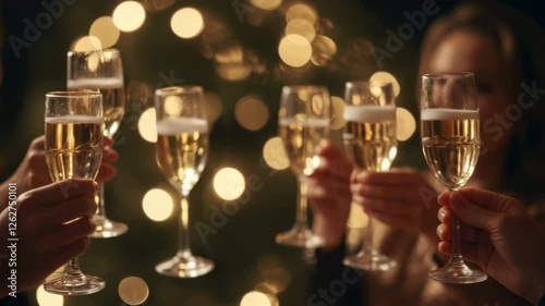 a group of people celebrating, close-up clinking glasses. hands raising champagne glasses in celebratory toast with golden bubbles and festive bokeh. sophisticated and joyful ambiance Generative Ai
