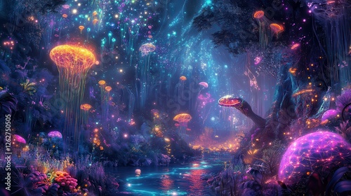 Vibrant bioluminescent wonders illuminating an enchanted forest at twilight. Generative AI