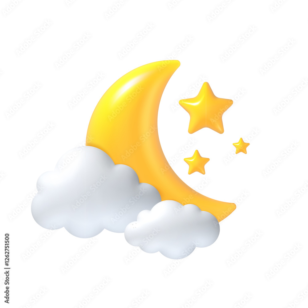3d crescent. Moon, stars and white clouds kids sleep, sweet dreaming night concept. Glossy realistic Ramadan Islamic symbol. Vector Muslim Arabic Eid Mubarak element for greeting card.