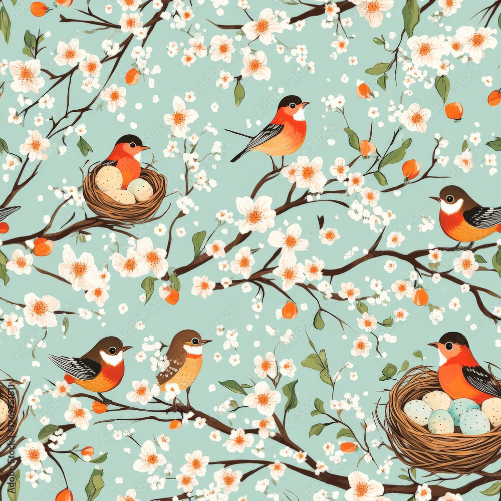 Fototapeta premium A robin and nest pattern with little birds sitting on their eggs, surrounded by blossoms