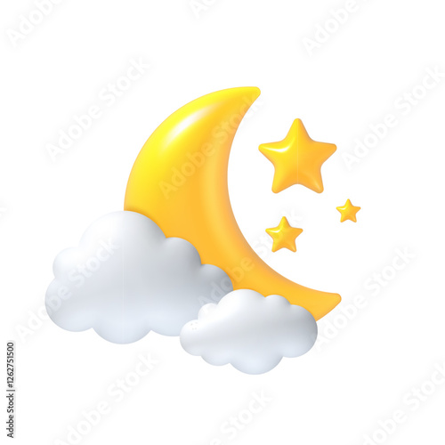 3d crescent. Moon, stars and white clouds kids sleep, sweet dreaming night concept. Glossy realistic Ramadan Islamic symbol. Vector Muslim Arabic Eid Mubarak element for greeting card.