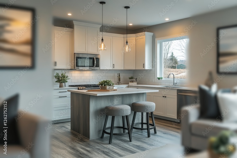 Fototapeta premium Modern kitchen design featuring sleek cabinetry and stylish decor in an open-concept living space