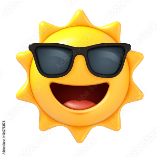 3d sun emoji. Summer sun with sunglasses, happy smiling emoticon in render style, cute cartoon character. Social media mascot vector icon isolated on white background.