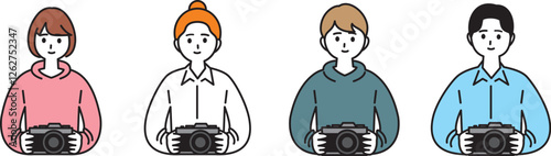 写真を撮るためにカメラを持っている男女のイラストセット