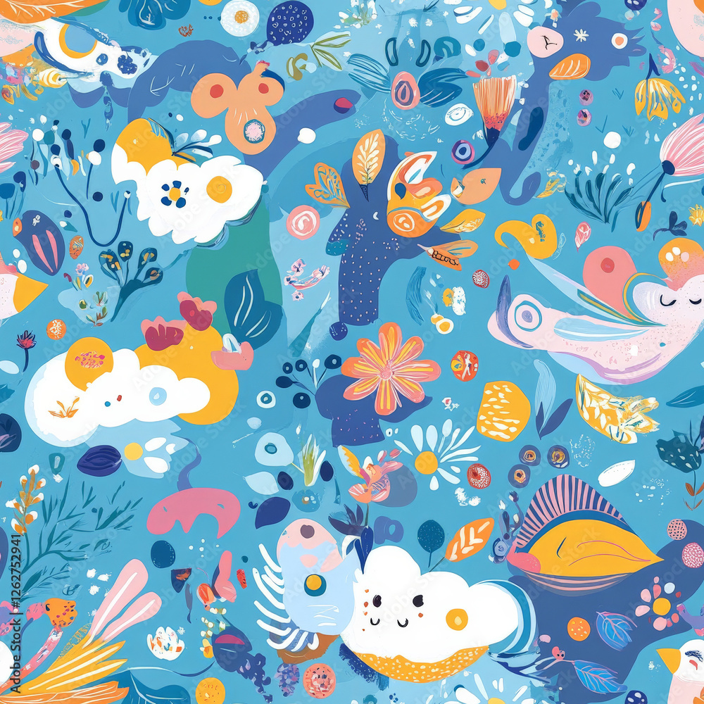 A vibrant shape-shifting world pattern where kids can transform into birds, clouds, or flowers with a touch of magic A vibrant shape-shifting world pattern where kids can transform into birds, clouds, or flowers with a touch of magic