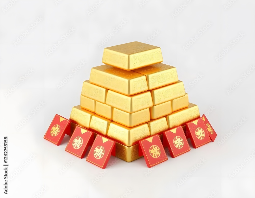 Golden Prosperity Pyramid of Wealth and Red Envelopes of Fortune for Lunar New Year Abundance Golden Prosperity Pyramid of Wealth and Red Envelopes of Fortune for Lunar New Year Abundance