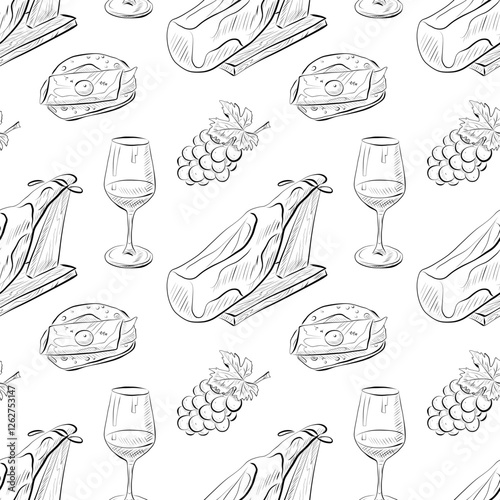 vector seamless pattern line art elements - food, jamon, bruschetta, wine, grapes