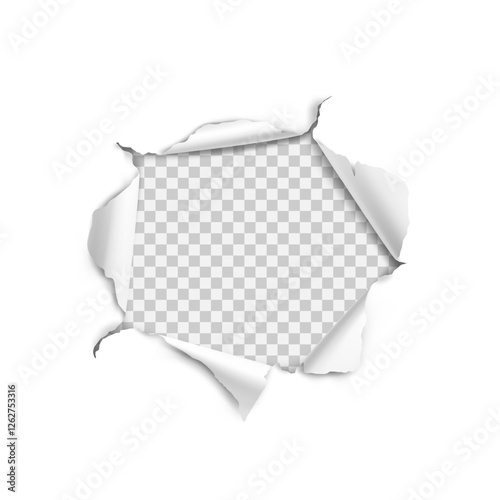 Vector realistic ripped torn hole in the sheet of paper on a transparent background.
