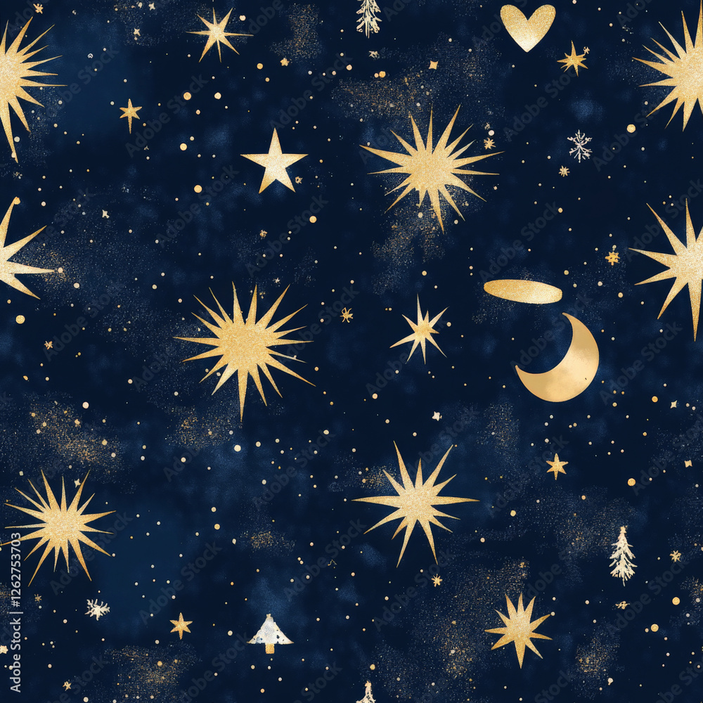Naklejka premium A magical starry night Christmas pattern with golden celestial elements and soft snowfall