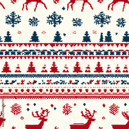 A cozy knitted sweater pattern with traditional Christmas motifs: reindeer, snowflakes, and trees