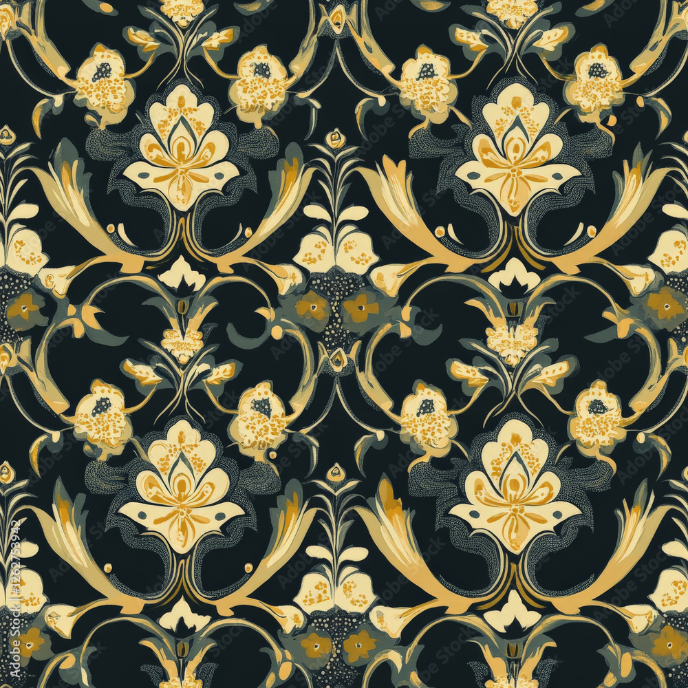 A seamless Persian-inspired pattern with floral arabesques and golden accents A seamless Persian-inspired pattern with floral arabesques and golden accents