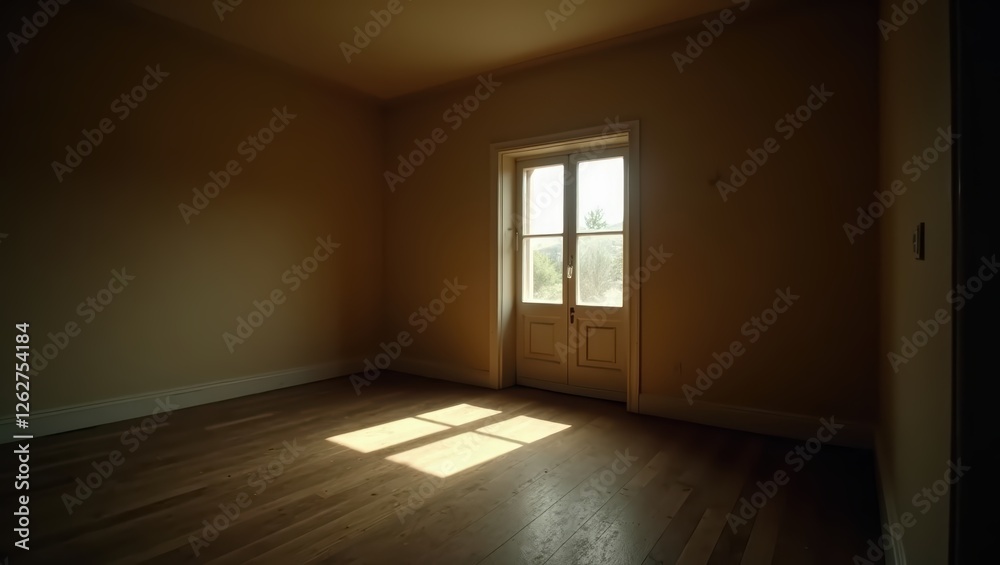 Sunlit Empty Room with French Doors and Hardwood Floor Sunlit Empty Room with French Doors and Hardwood Floor