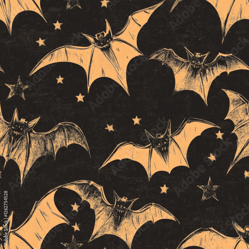 A vintage Halloween bat and star pattern with an old-timey hand-drawn style photo