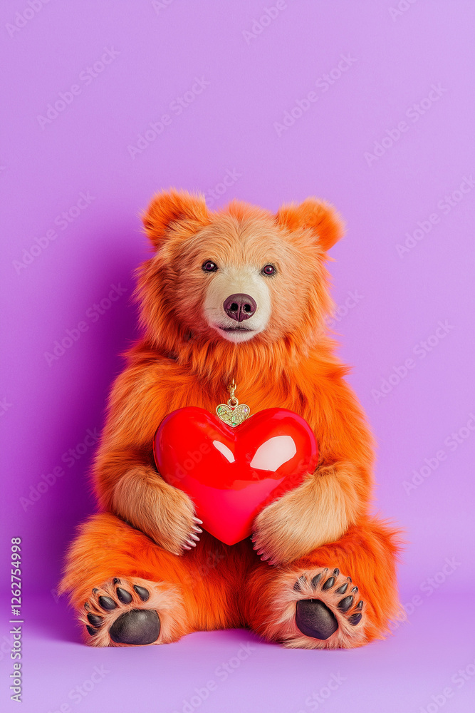 Rustic brown teddy bear dancing with a golden heart locket, worn vintage texture, movable joints, handcrafted details, isolated on lavender background Rustic brown teddy bear dancing with a golden heart locket, worn vintage texture, movable joints, handcrafted details, isolated on lavender background