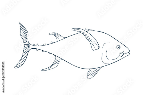 Single tuna fish black white vector illustration. Sea fish sketch hand drawn. Yellowfin tuna painted ink linear art. Kingfish drawing in graphic outline. Design element for package, label, sign board.