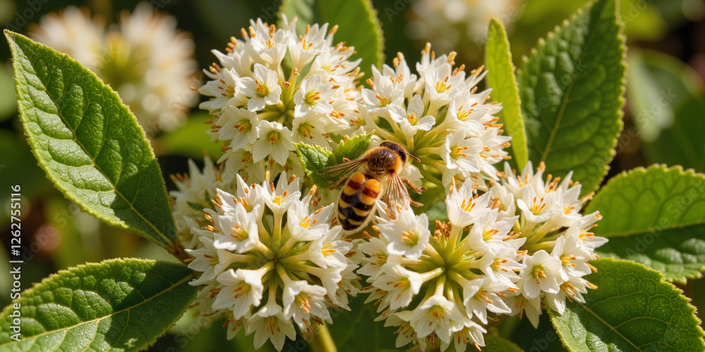 Bee on White Flower for nature blogs, posters about beekeeping and environmental protection Bee on White Flower for nature blogs, posters about beekeeping and environmental protection