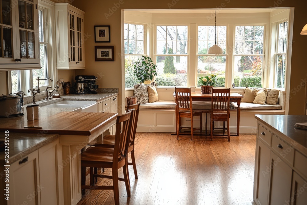 Fototapeta premium Cozy kitchen with breakfast nook and natural light in a suburban home