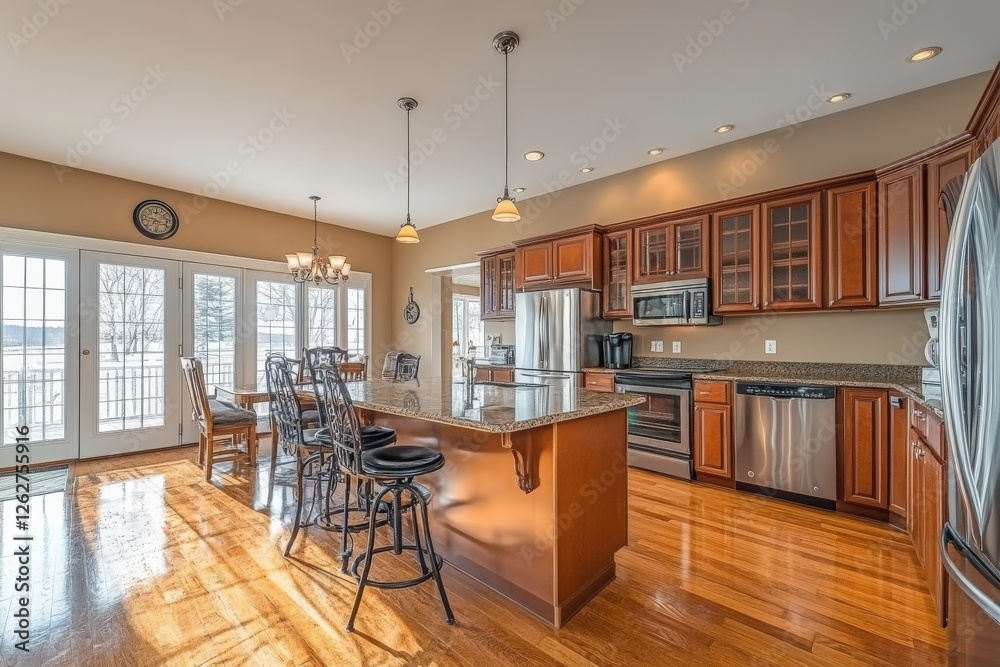 Fototapeta premium Modern kitchen interior with wood cabinets and large windows offering natural light during the afternoon
