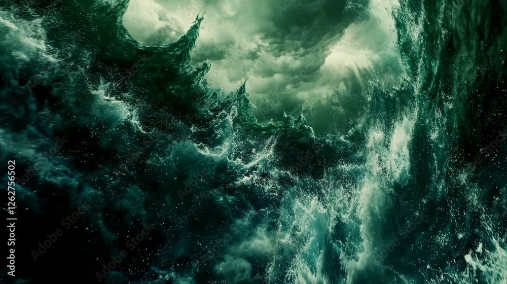 Fototapeta premium Close-up view of powerful emerald ocean waves crashing with intense energy, capturing the natural force and beauty of the sea with frothy water and turbulent movement.