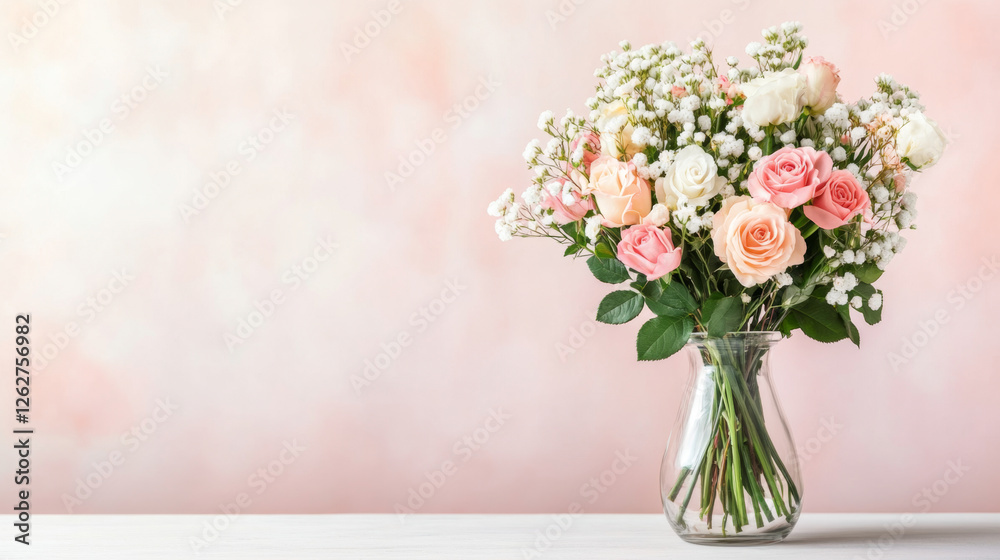 beautiful bouquet of roses and spring flowers in glass vase, radiating freshness and elegance beautiful bouquet of roses and spring flowers in glass vase, radiating freshness and elegance