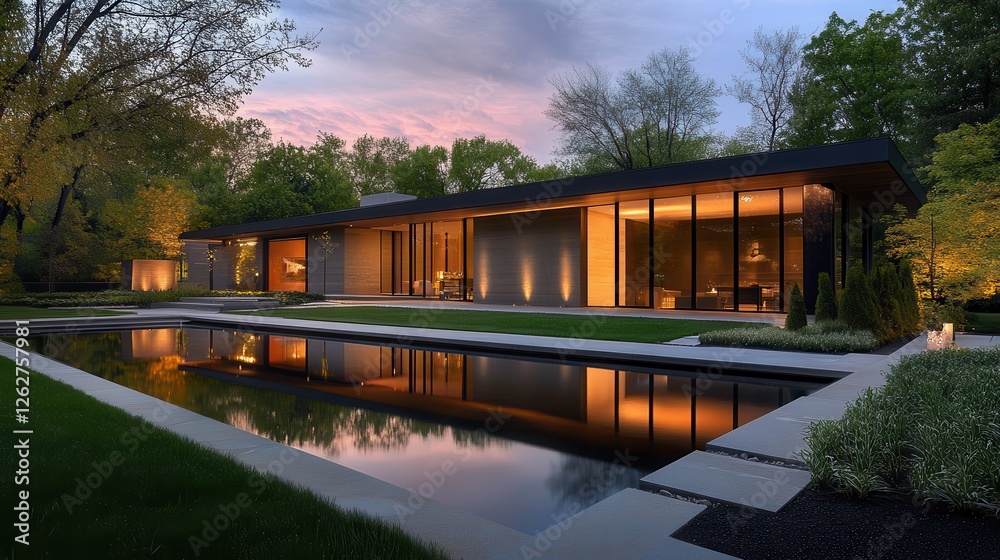 Fototapeta premium Modern home with sleek architecture reflecting in serene pool at sunset in a lush green landscape. Generative AI