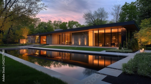 Modern home with sleek architecture reflecting in serene pool at sunset in a lush green landscape. Generative AI