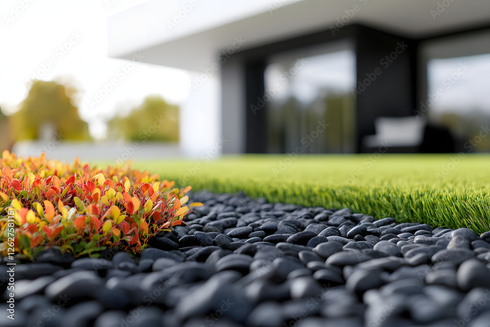 Obraz premium A modern home front garden with green grass, black gravel, and colorful shrubs
