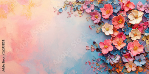 Top view of floral, flower pastel background with copy space. Summer wallpaper, natural cosmetic concept. Flat lay mock up.