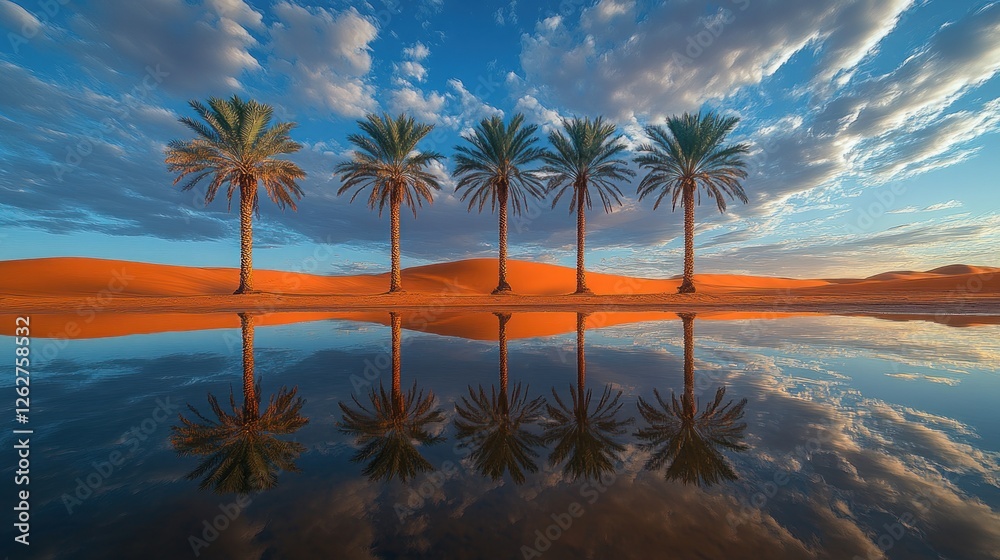 Five palm trees reflected in a desert oasis at sunset. Five palm trees reflected in a desert oasis at sunset.