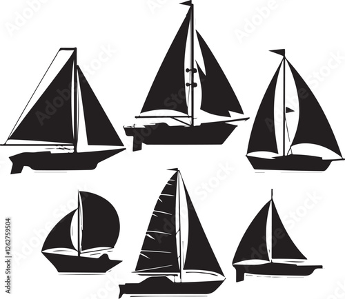 set of vector sailboat, sailboat on the sea-water wave silhouettes