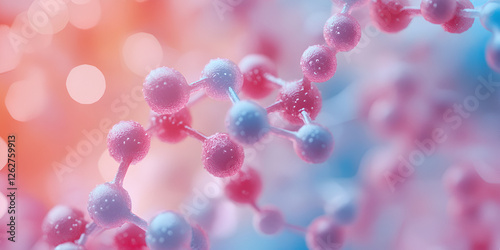 Molecular structure with pink and blue atoms, Laboratory equipment in research lab
