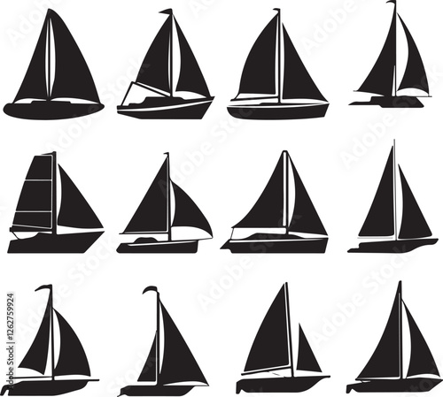 set of vector sailboat, sailboat on the sea-water wave silhouettes