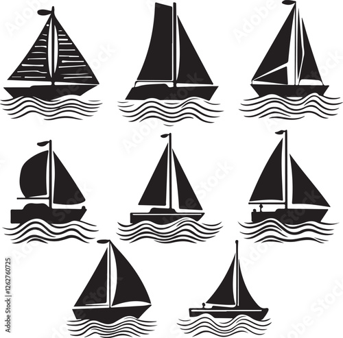 set of vector sailboat, sailboat on the sea-water wave silhouettes
