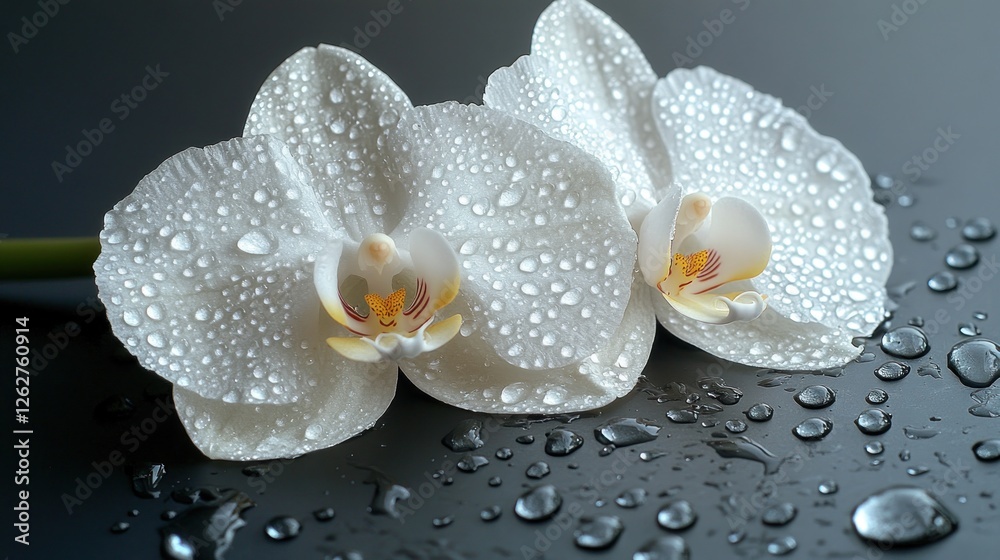 Two white orchids with water droplets on dark background Two white orchids with water droplets on dark background